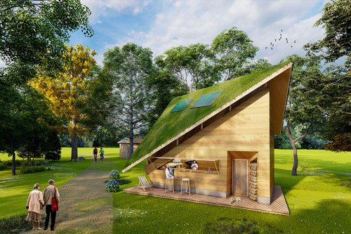 Эта утилизированная земля крошечная концепция дома переосмысления фермы с разбитой зеленой крышей и фотоэлектрическими панелями!
